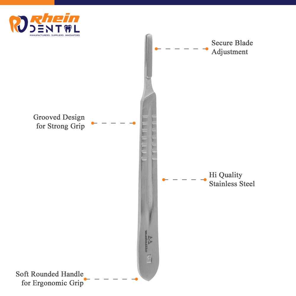 Key features of the Scalpel Handle Fig. 4, including its grooved grip, rounded ergonomic handle, stainless steel construction, and secure blade adjustment.