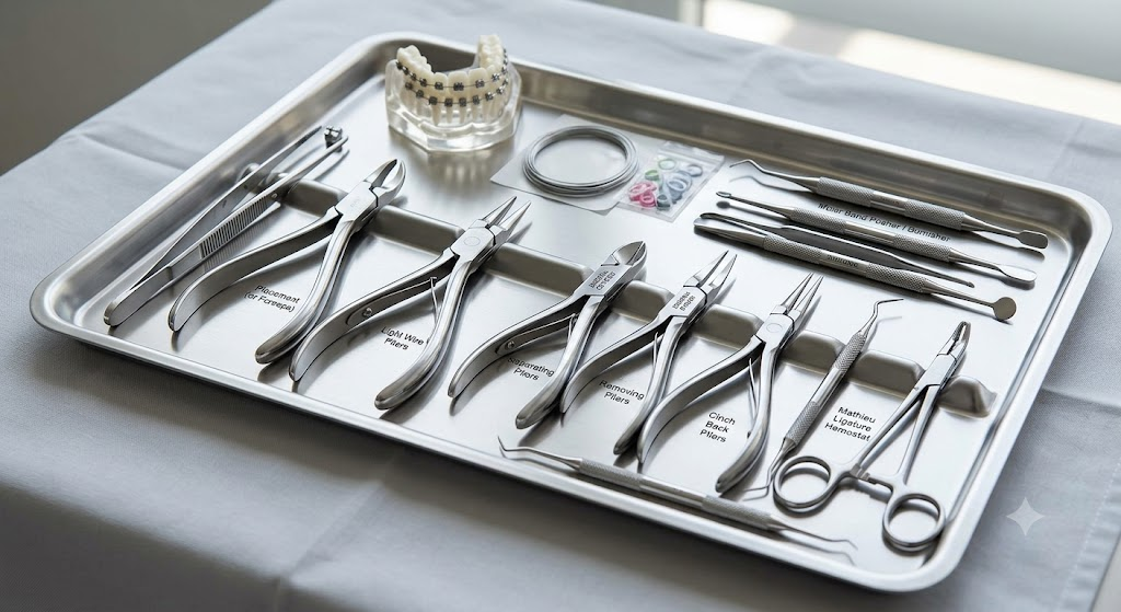 Orthodontic instrument glossary showing tools for fixed braces