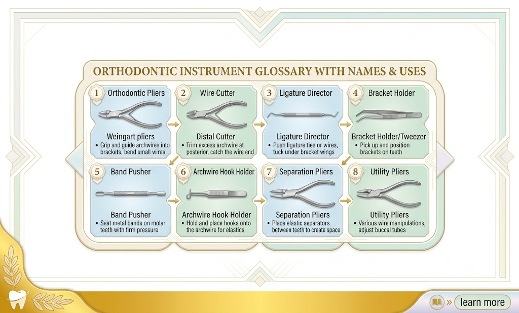Orthodontic instrument glossary with instrument names and uses