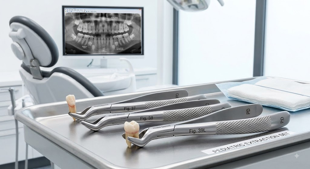 Pediatric extraction forceps for primary tooth removal