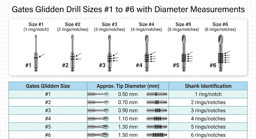 Gates Glidden drill sizes #1 to #6 with diameter measurements