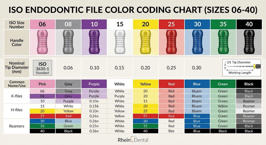 Endodontic file color coding chart showing ISO sizes 06 to 40