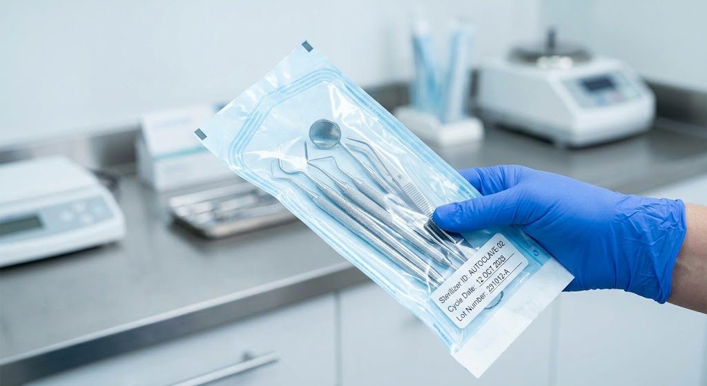 Proper sterilization pouch labeling includes sterilizer ID, cycle date, and lot number for full traceability.