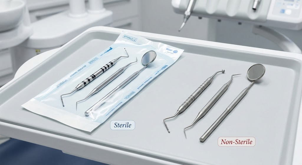 Sterile vs non-sterile diagnostic instruments compared by tip design, shank material, coating and handle