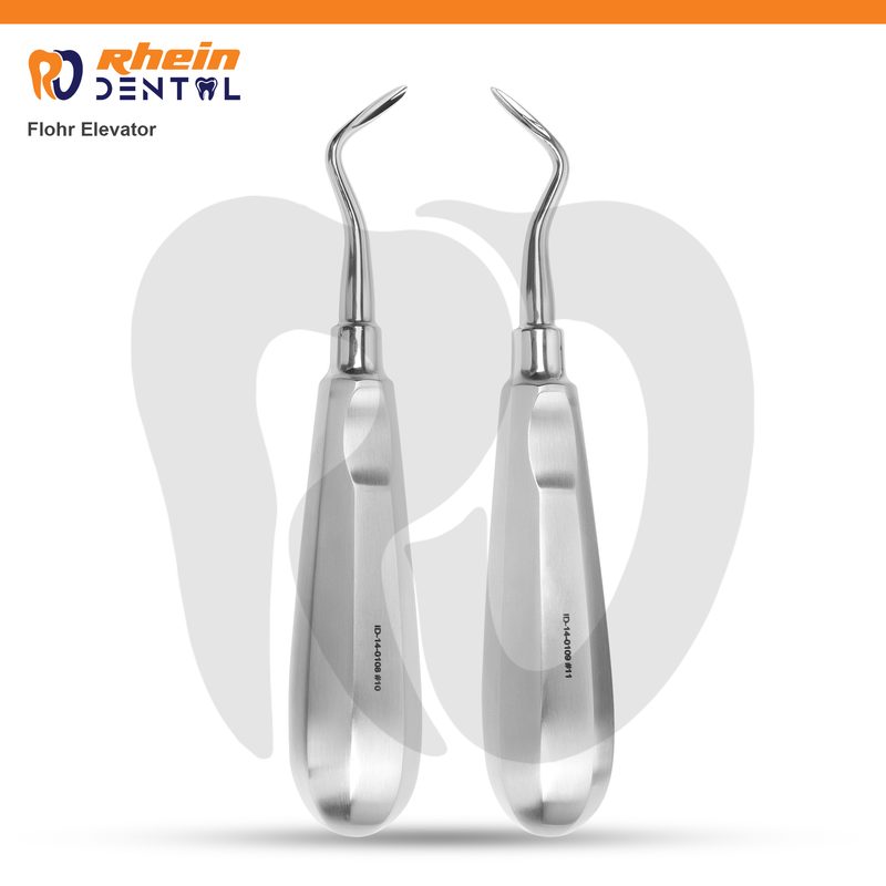 Dental elevators in tooth extraction showing blade design, shank angulation and handle structure