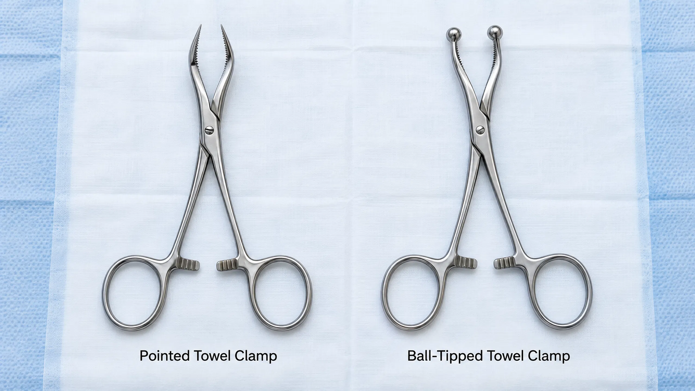 Pointed and ball-tipped towel clamps provide secure drape fixation, with each tip design offering different tissue protection and grip characteristics during sterile field management.