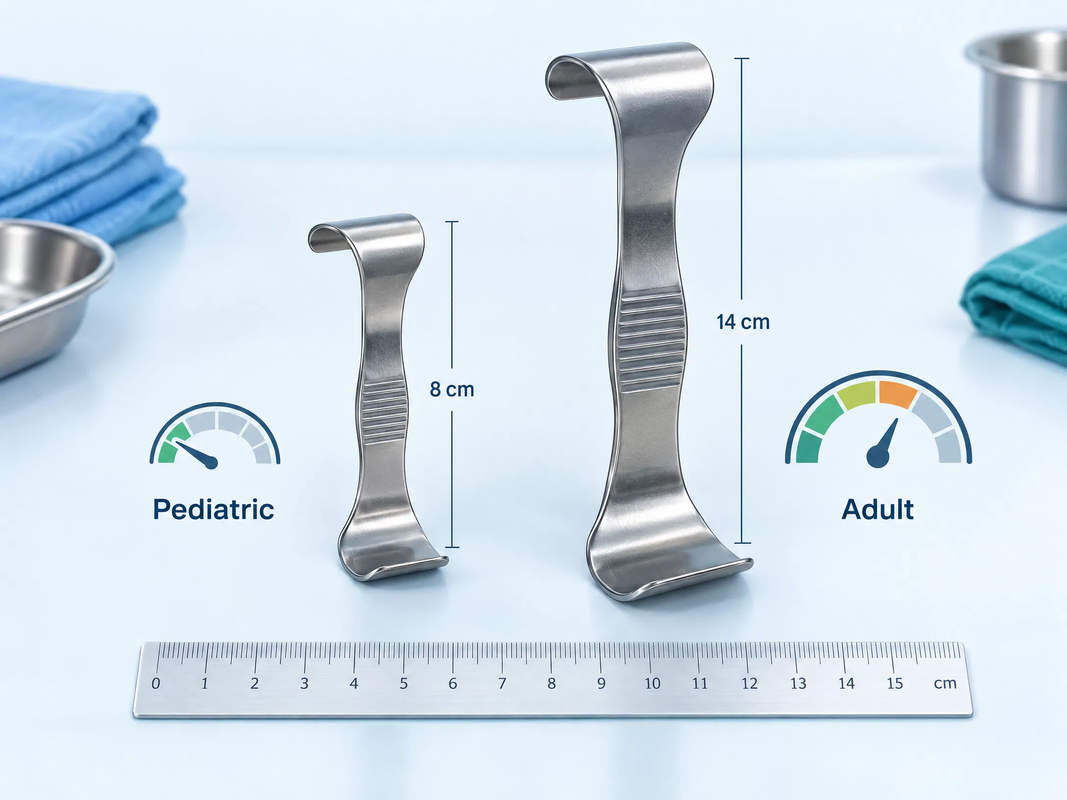 Pediatric vs. adult retractors differ in size and force requirements, enabling safe tissue retraction, controlled handling, and improved surgical access.