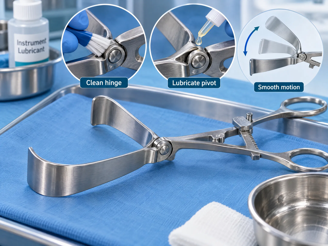 Regular cleaning, lubrication, and proper sterilization help prevent joint stiffness and maintain smooth movement in stainless steel hinged retractors.