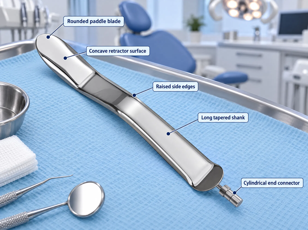 Minnesota retractors with a double-ended design provide controlled cheek and tissue retraction, improving surgical field exposure during oral procedures.