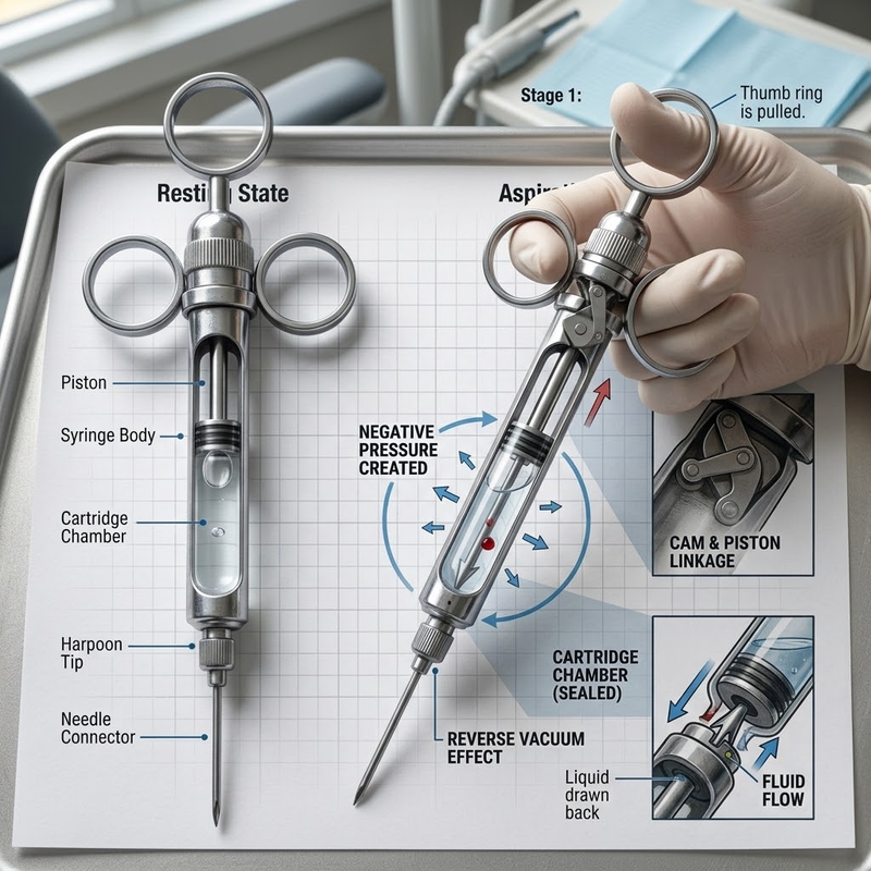 Self-aspirating syringes use thumb-ring design and controlled plunger movement to create negative pressure for reliable aspiration during dental injections.