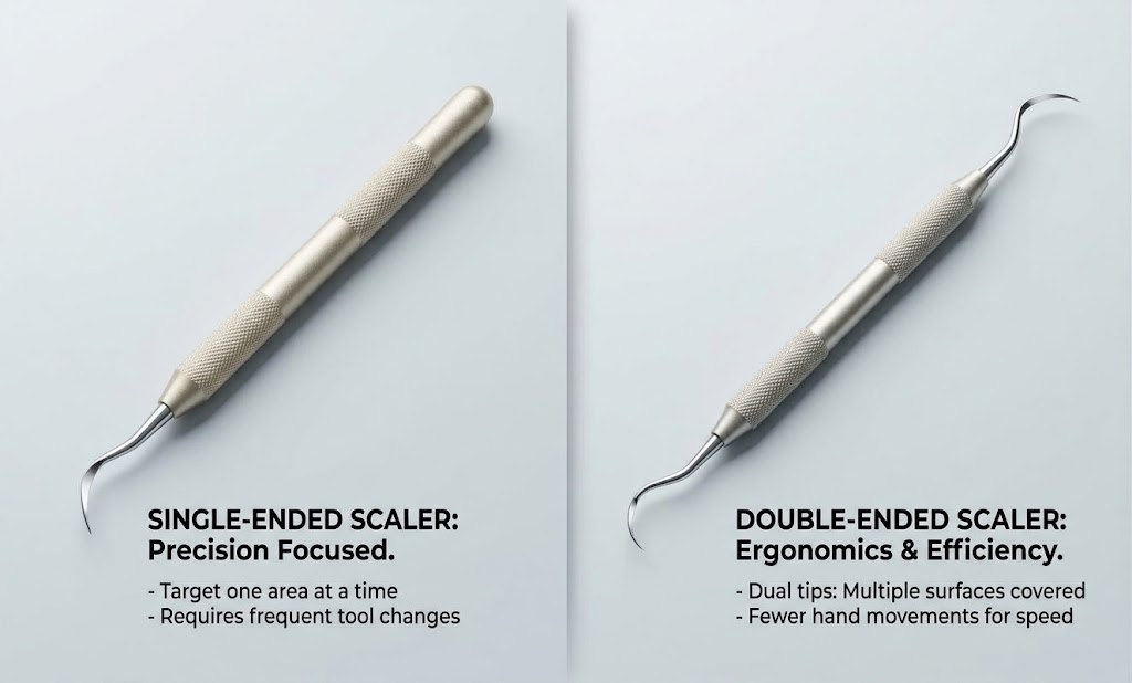 Double-ended dental scalers improve efficiency with two working ends, while single-ended scalers offer focused control for precise calculus removal and periodontal care.