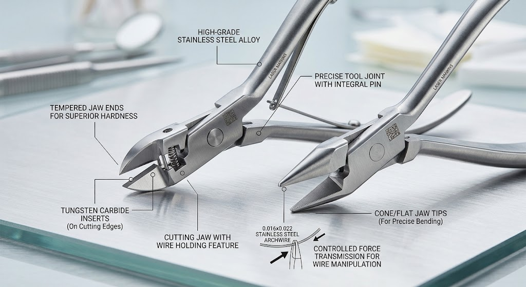 Stainless steel orthodontic tools combine durable construction and material hardness for precise, controlled wire bending, cutting, and manipulation.
