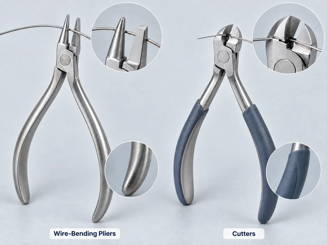 Orthodontic wire bending pliers and wire cutters compared by beak structure and grip design