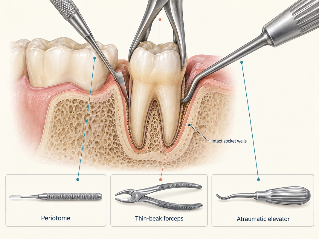 Minimally invasive extraction instruments: thin-beak forceps, periotome blades and atraumatic elevators