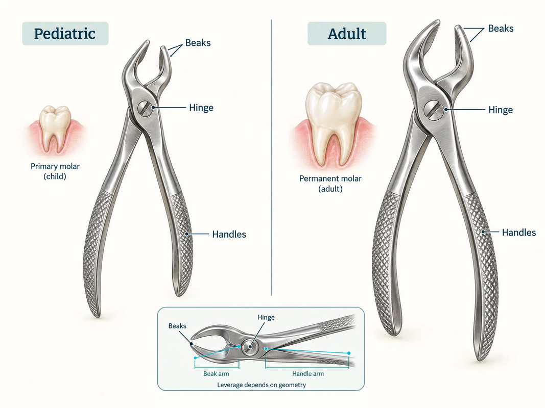 Pediatric vs adult extraction forceps compared by tip design, handle construction and size