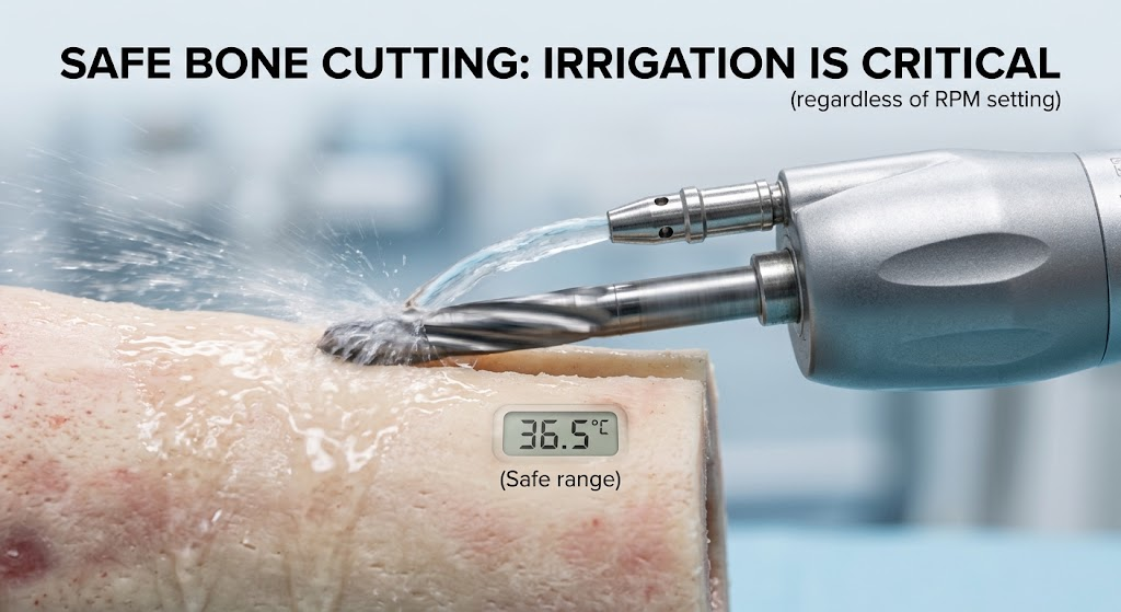 Adequate irrigation is essential for keeping bone temperature within safe limits, regardless of RPM setting.