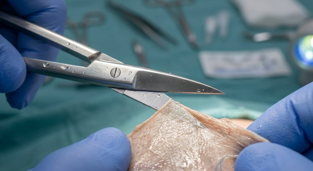 Tissue-dissection scissors rely on a sharp, acute blade angle for clean, atraumatic cuts.