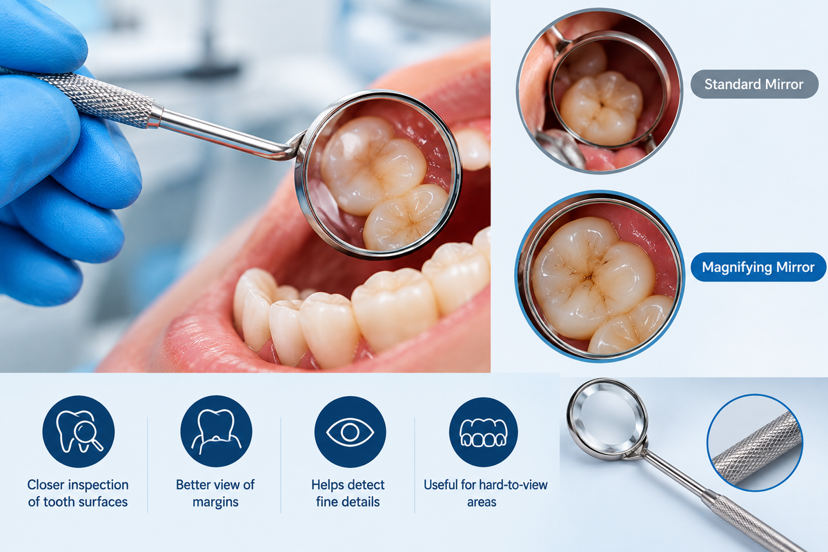 Magnifying dental mirrors provide enhanced visualization of fine intraoral details, supporting closer inspection of tooth surfaces, margins, and hard-to-view areas.