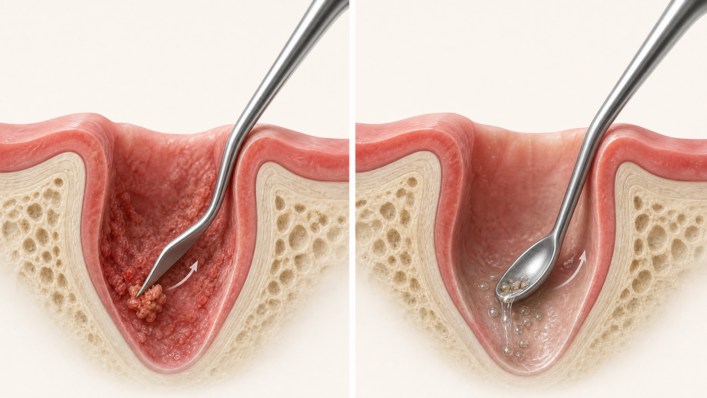 Sharp and blunt curettes demonstrate contrasting approaches to dental socket care: precise degranulation of lesion tissue versus gentle cleansing and debris removal.