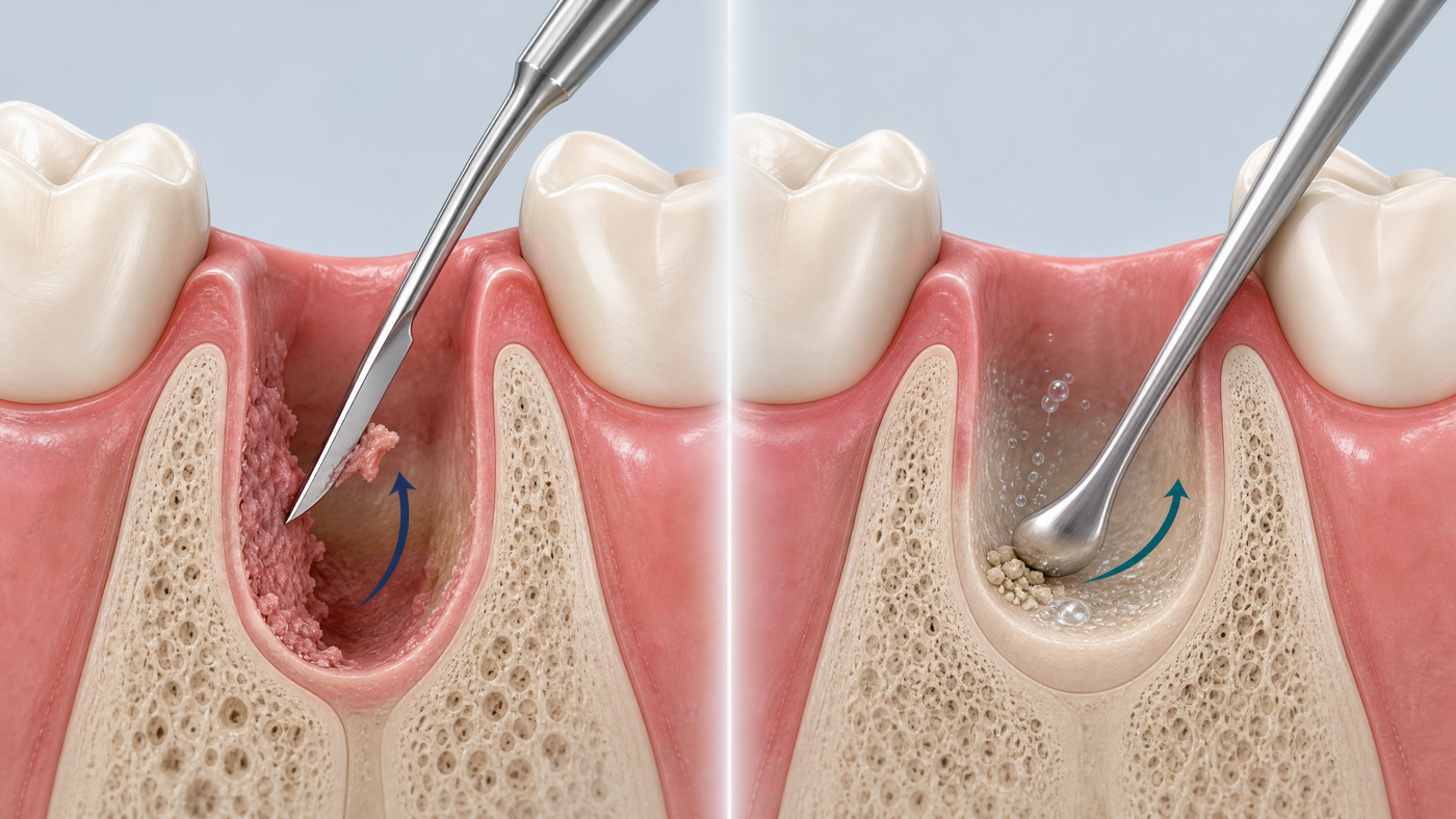Clinical comparison of a sharp curette removing adherent granulation tissue from an extraction socket and a blunt curette gently cleaning the socket without cutting.
