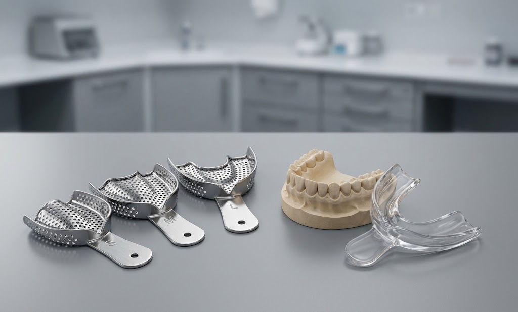 Stock and custom impression trays support accurate prosthetic impressions, with custom designs offering improved fit, coverage, and material control for individual patient anatomy.