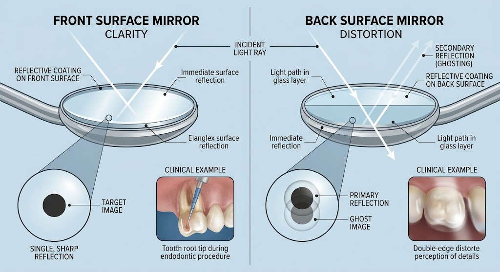 Front- and back-surface dental mirrors differ in optical clarity and image quality, influencing reflection accuracy and visualization during clinical examinations.