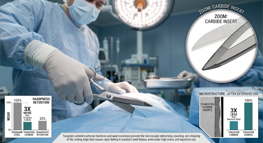 Tungsten carbide inserts provide enhanced wear resistance and edge retention, helping surgical scissors maintain sharp, precise cutting performance for longer than standard steel blades.