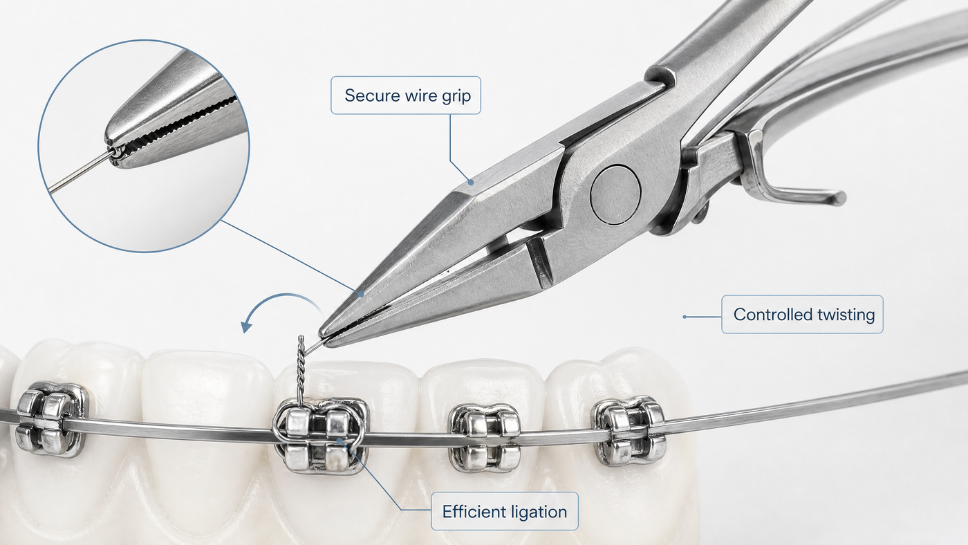 Ligature wire tying pliers provide precise grip and controlled twisting, enabling efficient wire ligation while supporting secure, consistent orthodontic adjustments.