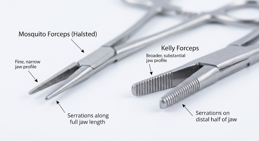 Mosquito and Kelly forceps jaw and serration comparison