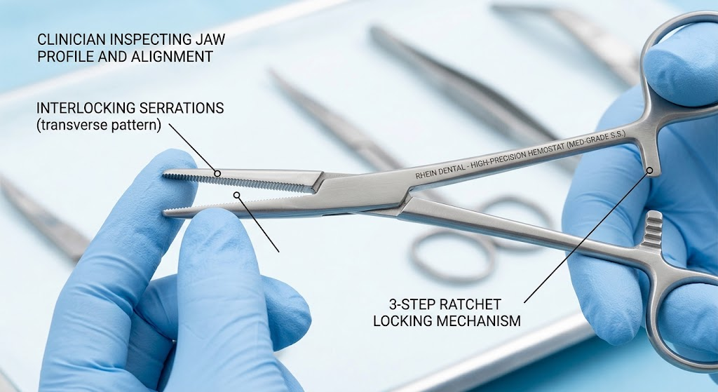 Inspection of surgical forceps jaws ratchet and serrations