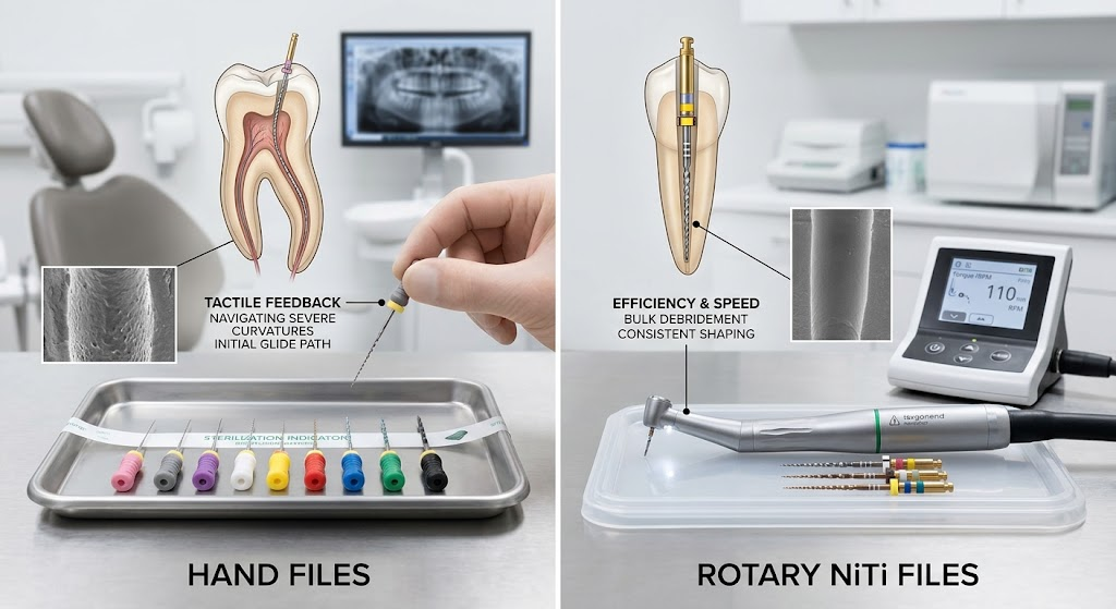 Manual precision meets clinical judgment. Hand files offer superior tactile feedback and canal control in curved or calcified canals, making them essential even in the rotary NiTi era of modern endodontics.