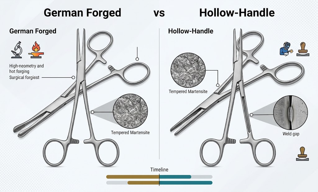 German forged stainless steel offers superior density and edge retention over hollow-handle instruments, ensuring greater durability and longevity in clinical use.