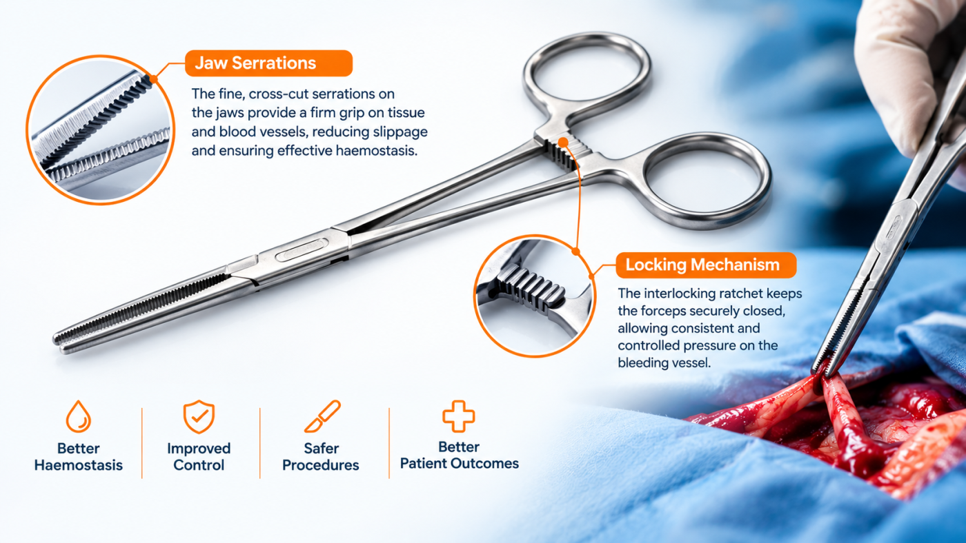 Hemostatic forceps with locking mechanism and serrated jaws for bleeding control