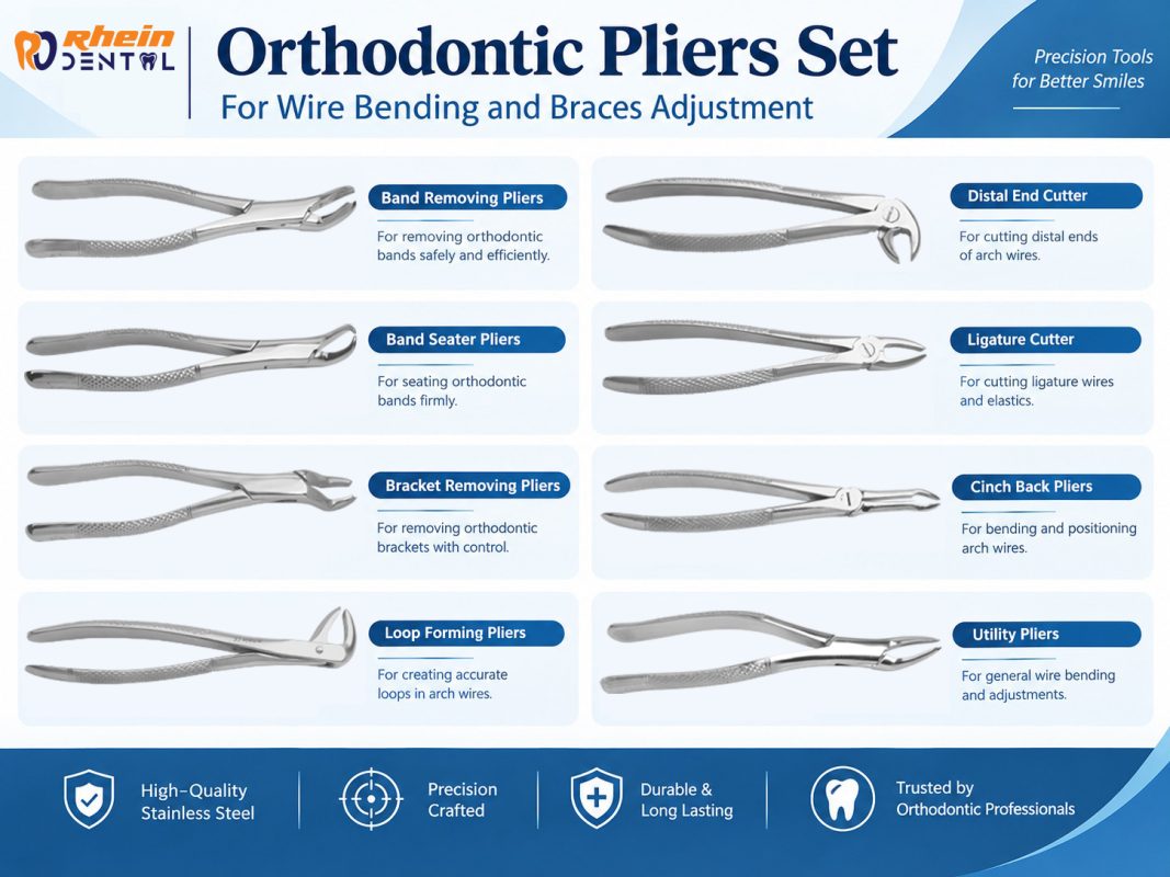 Orthodontic Pliers Set – eight stainless steel pliers with serrated handles for wire bending and braces adjustment