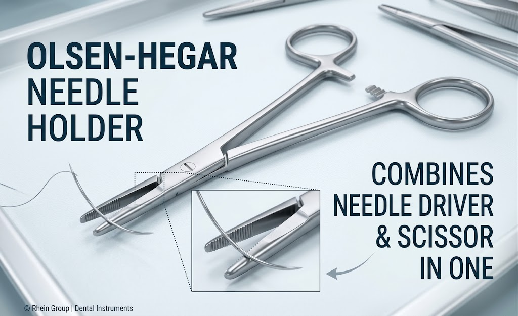 The Olsen-Hegar needle holder combines a needle driver and scissor in one instrument.