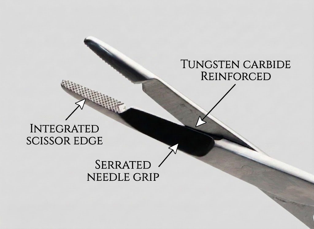The jaw tips of the Olsen-Hegar needle holder include both a gripping surface and a cutting notch.