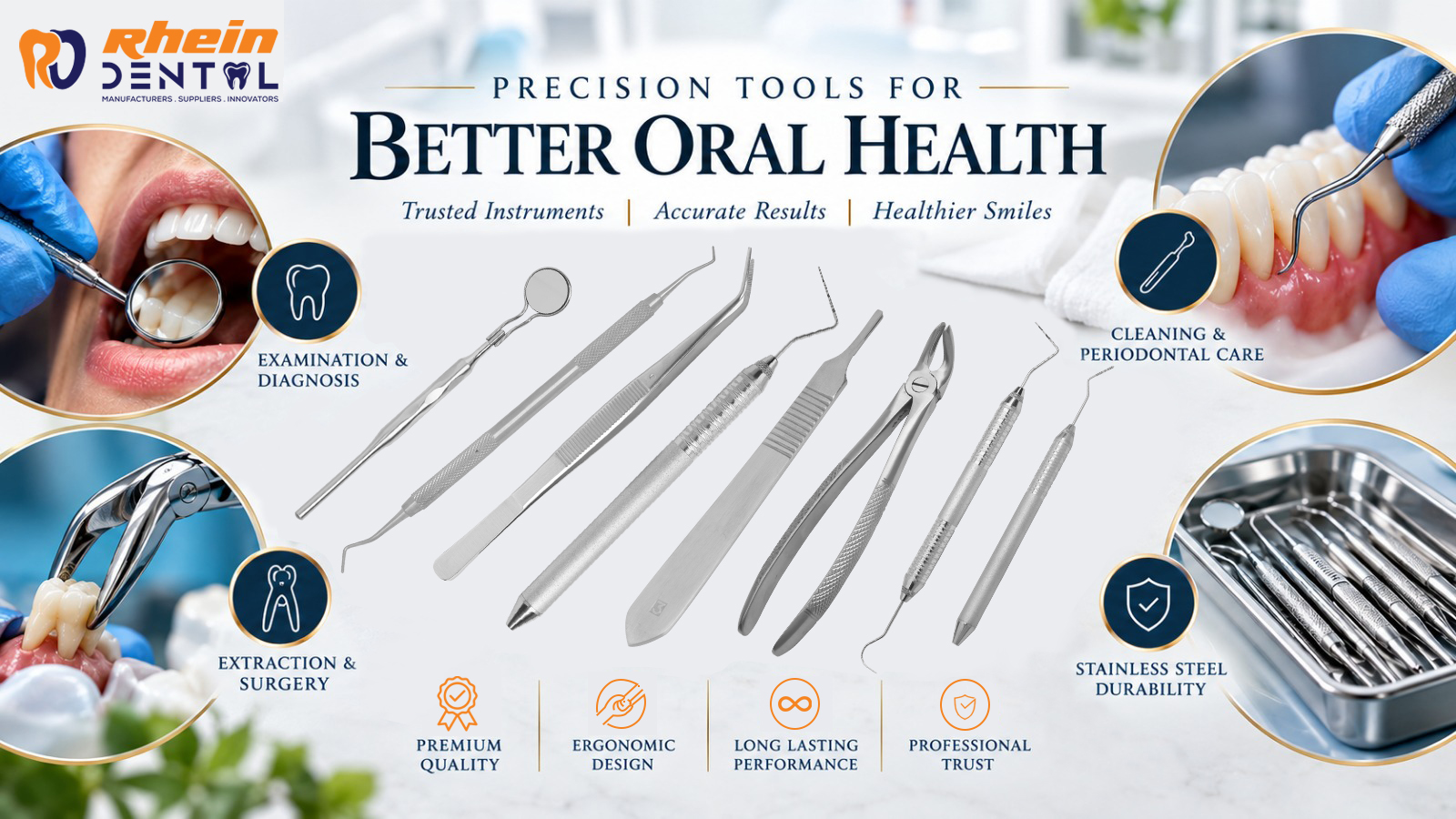 High-quality dental instruments and tools used by dentists for diagnostic, restorative, and endodontic procedures
