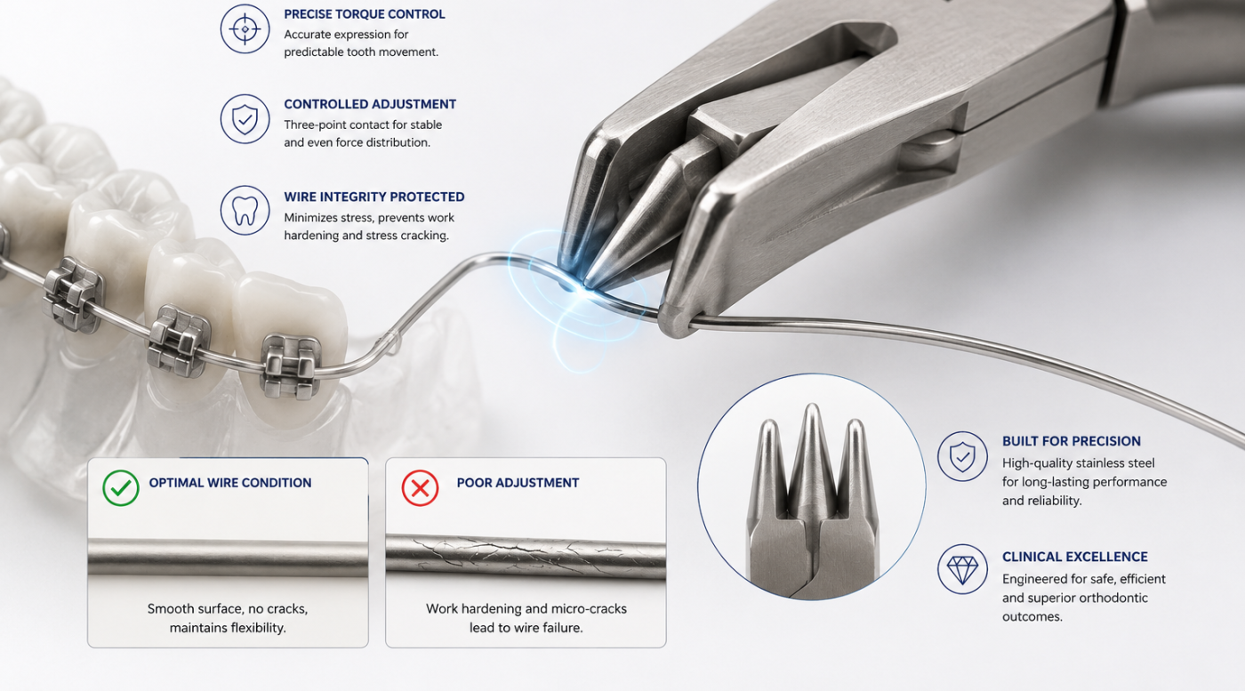 Precision three-prong pliers deliver controlled wire adjustment and accurate torque expression — no work hardening, no stress cracking, just clean professional bends.