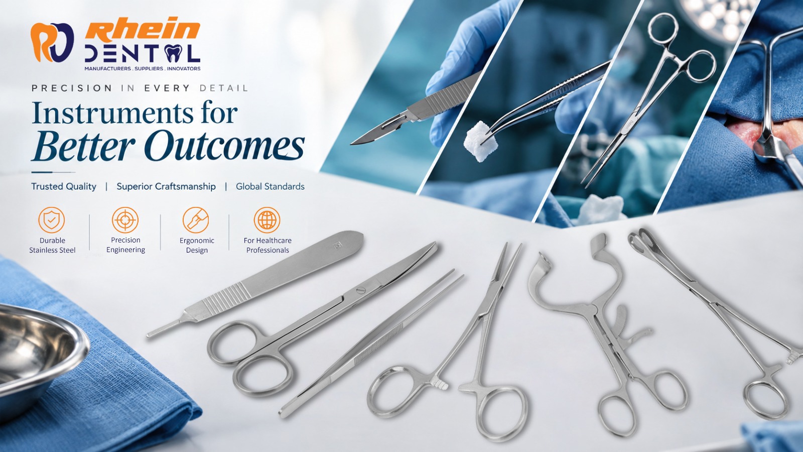Precision surgical instruments displayed with clinical surgical imagery, highlighting professional stainless steel instruments and precision craftsmanship.