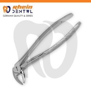 Mandibular premolar forceps with symmetrical beaks and knurled handles in polished silver finish