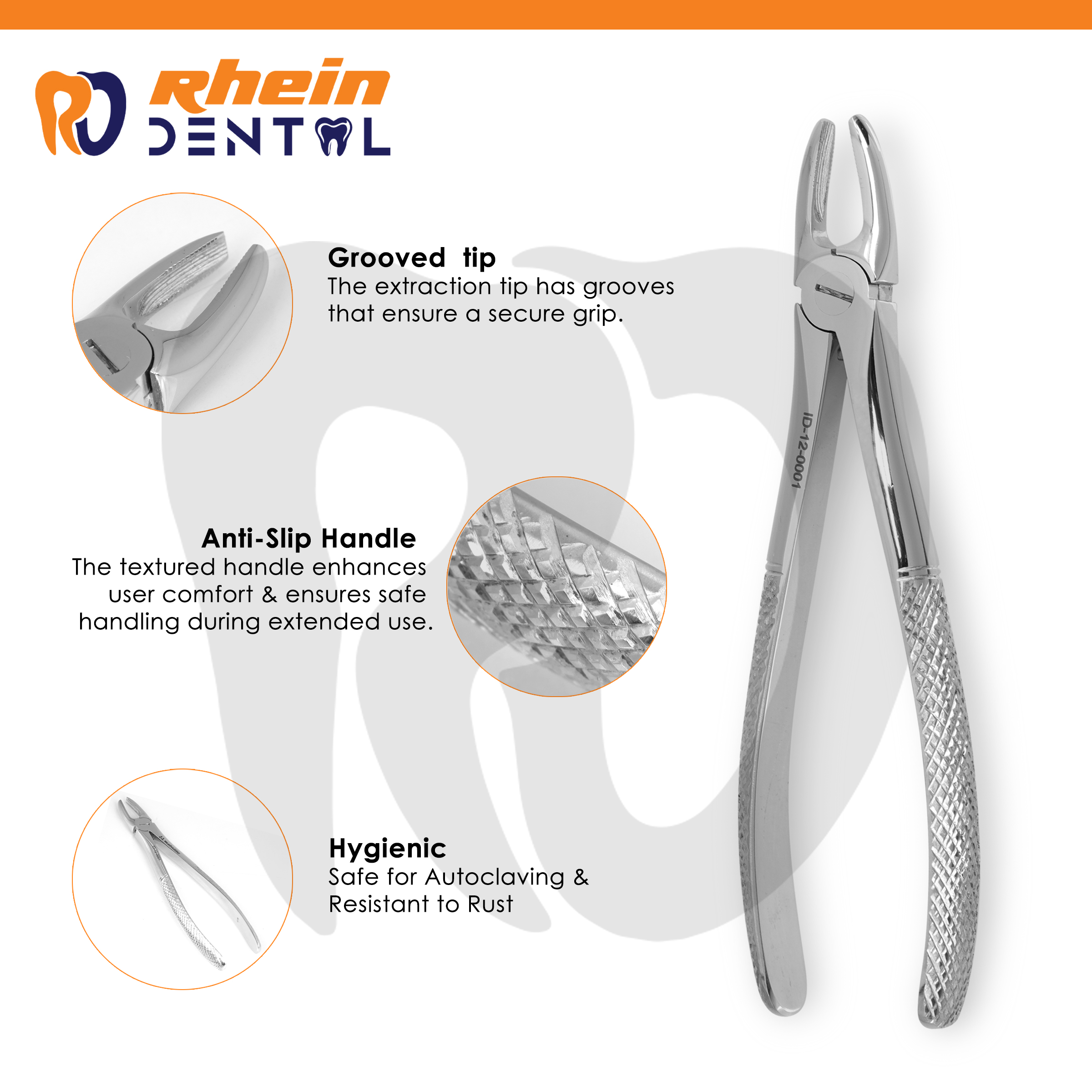 Autoclavable stainless steel upper extraction forceps, Fig 1 pattern, angled overview