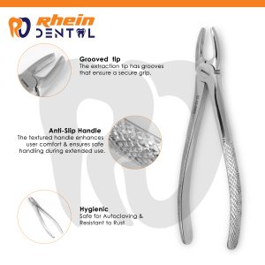 Close-up of a thin angled serrated tip with inner grooves on dental extracting forceps