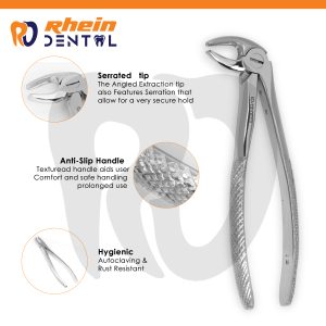 Diamond-textured knurled handle with ring collar on a premolar extraction forceps