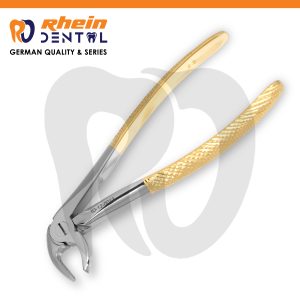 Lower premolar extraction forceps with gold-colored knurled handles and a polished silver working end