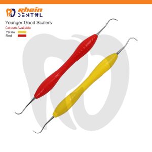 Younger Good Scalers – red and yellow double-ended 7/8 periodontal instruments with contoured handles