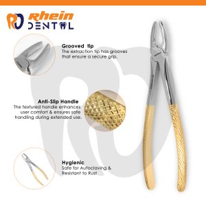 Extracting forceps features: serrated tip, anti-slip handle, autoclave-safe, rust-resistant