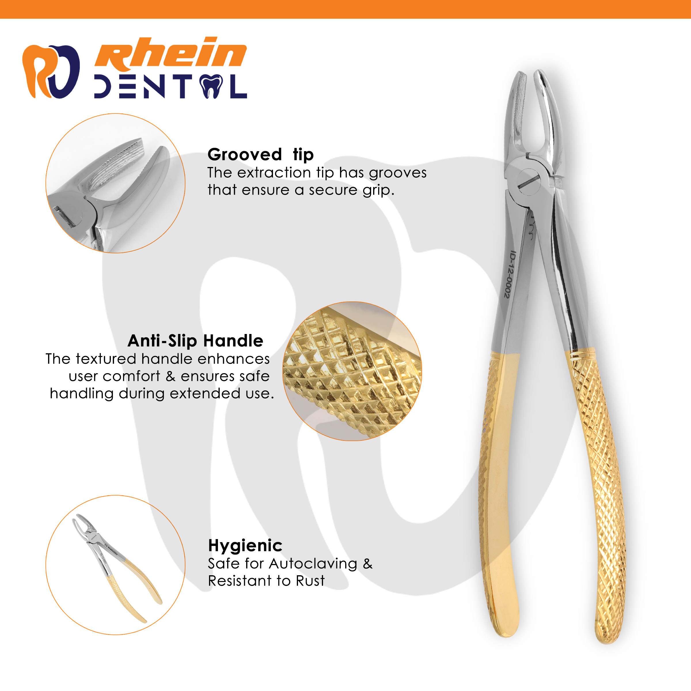 Extracting forceps features: serrated tip, anti-slip handle, autoclave-safe, rust-resistant
