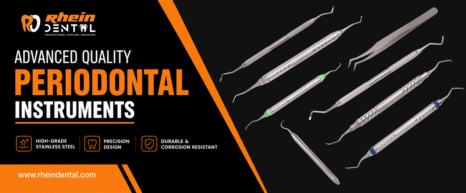 Periodontal instruments including dental probes, explorers, scalers, curettes and gingivectomy knives by Rhein Dental