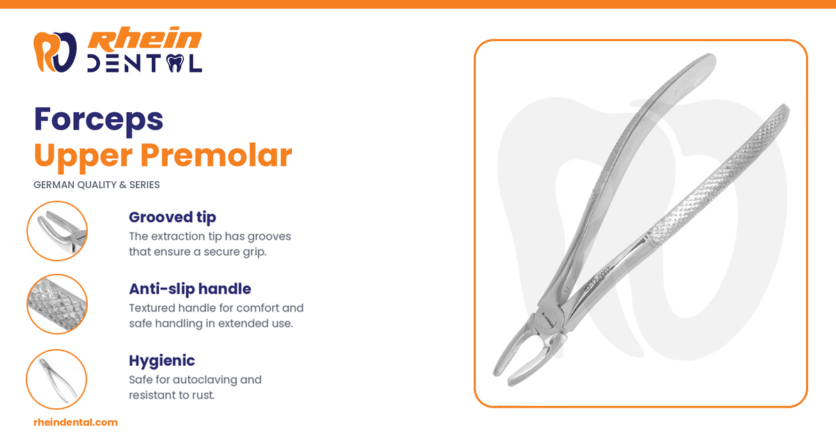 Forceps upper premolar by Rhein Dental, stainless steel with grooved tip and cross-hatched non-slip handles