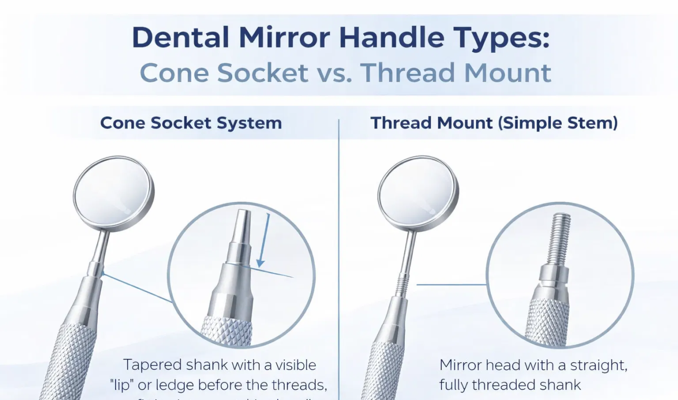 Explore cone socket and thread mount dental mirror handles for secure attachment, easy handling, and reliable mirror head compatibility during oral examinations.